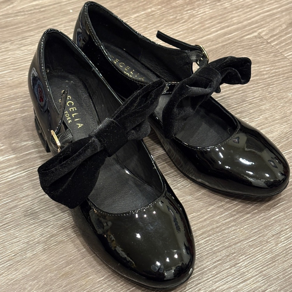Cecelia Smile Black Patent Leather Velvet Bow Mary Jane Heels 6 Ballet Coquette - Picture 2 of 9